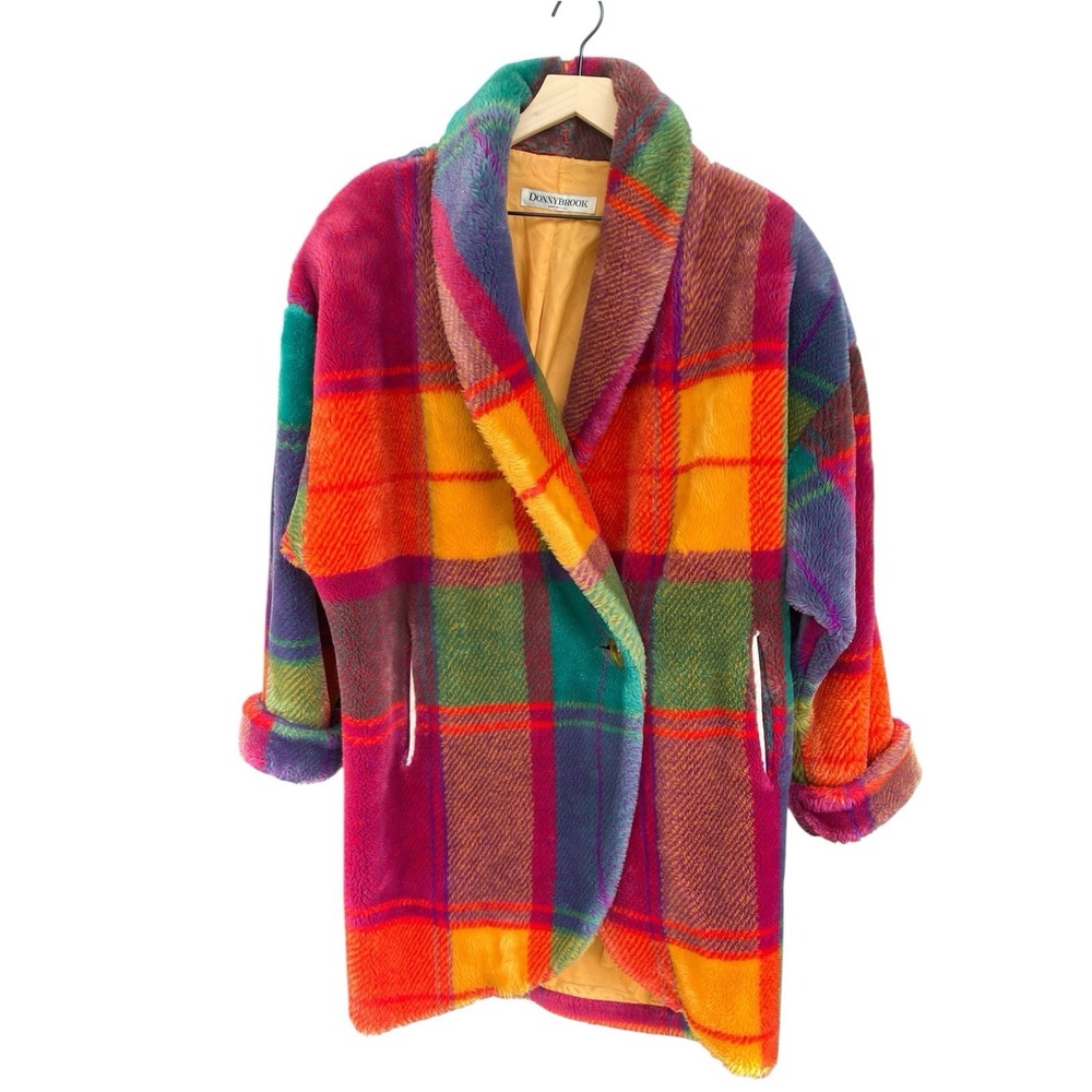 Vtg 80s Womens Donnybrook Rainbow Plaid Faux Fur Teddy Coat Oversized S USA Made